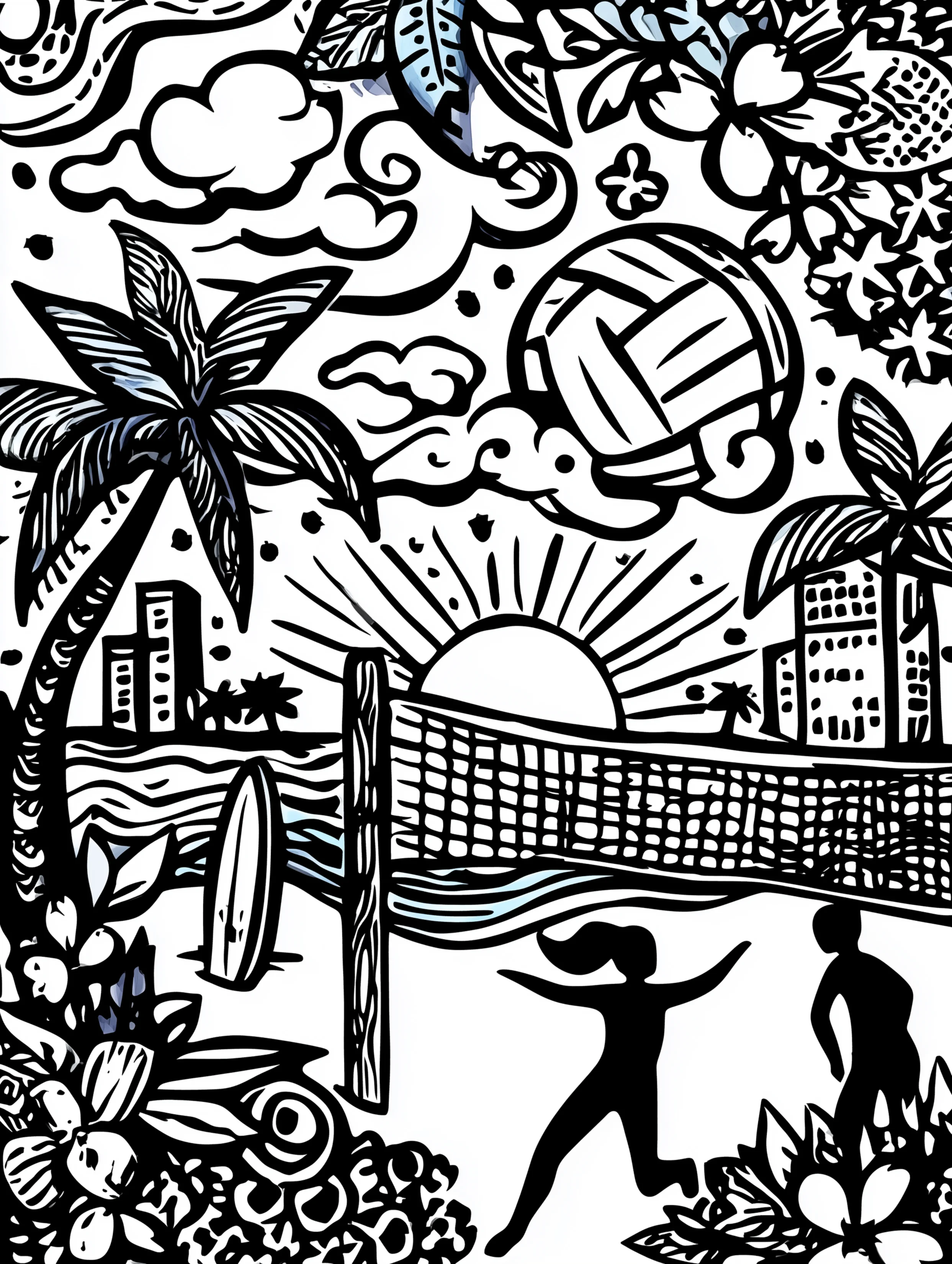 Free printable volleyball coloring page for adults featuring movement near a volleyball net